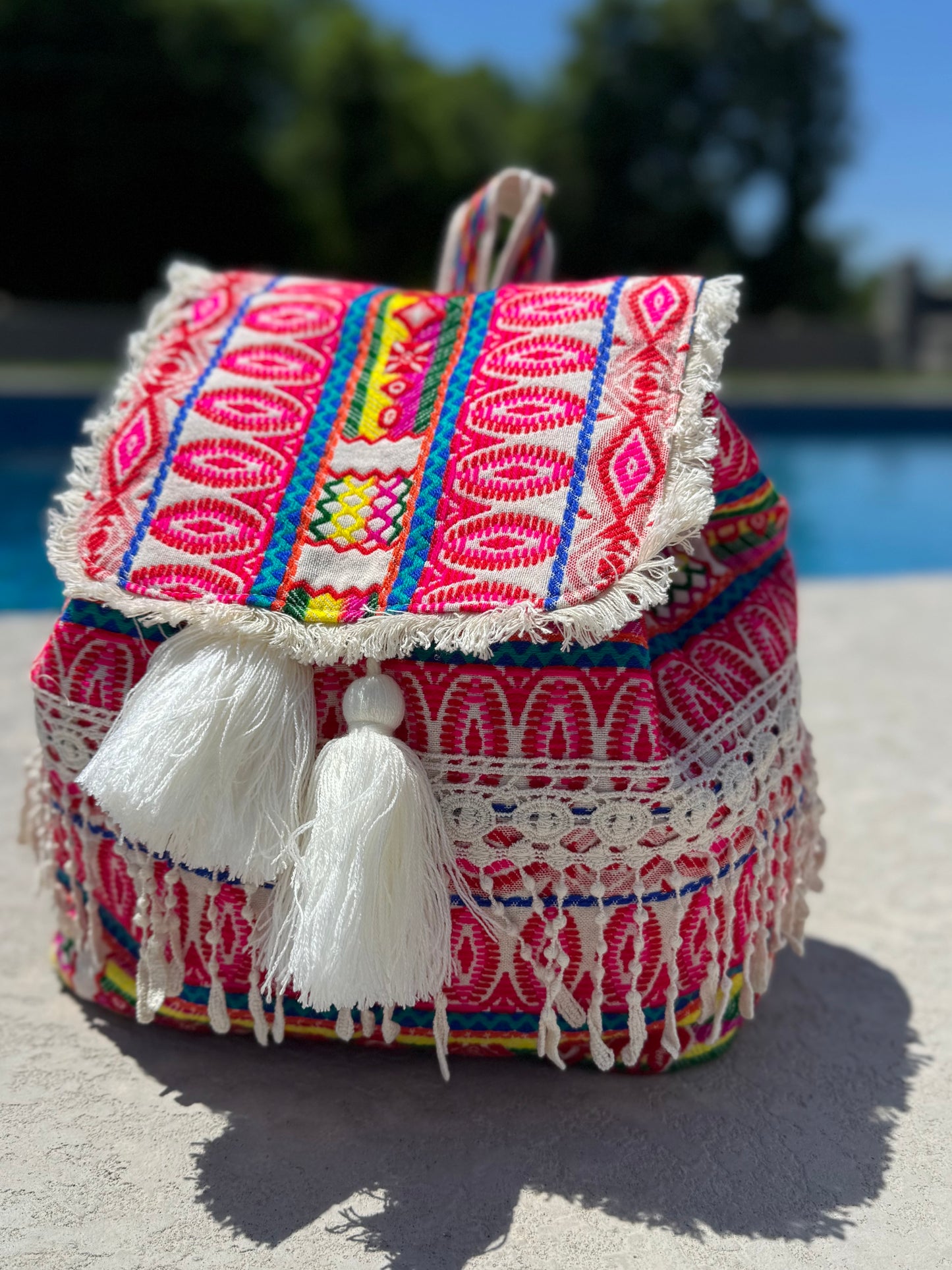 Halo Patterned Cotton Backpack w/ Tassels