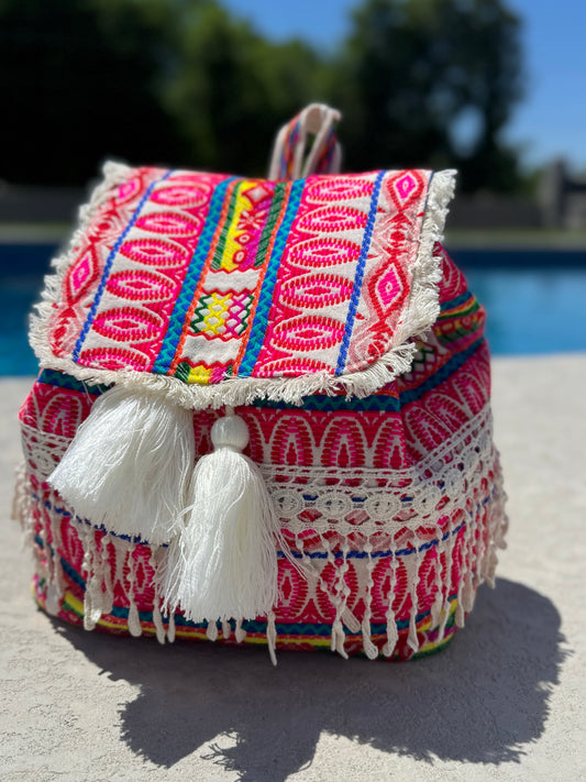 Halo Patterned Cotton Backpack w/ Tassels